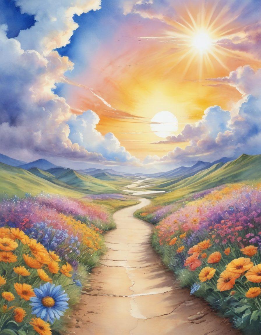 A winding road symbolizing the journey from cancer diagnosis to survivorship, lined with vibrant flowers representing hope and resilience. In the background, silhouettes of diverse patients holding hands, displaying unity and strength. Above, a bright blue sky with soft clouds and a golden sun shining down, conveying optimism. Elements of medical symbols like a stethoscope and DNA strands subtly integrated into the landscape. watercolor style. vibrant colors. uplifting atmosphere.