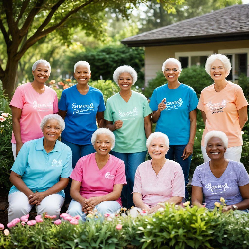 A diverse group of cancer patients and support volunteers surrounding a blooming garden, symbolizing hope and rejuvenation. Include elements of communication, such as speech bubbles filled with positive words and encouragements. Show the warmth of camaraderie with smiles and gentle touch, emphasizing community connection. Bright, uplifting colors should dominate the scene, creating a sense of serenity and strength. vibrant colors. soft focus.